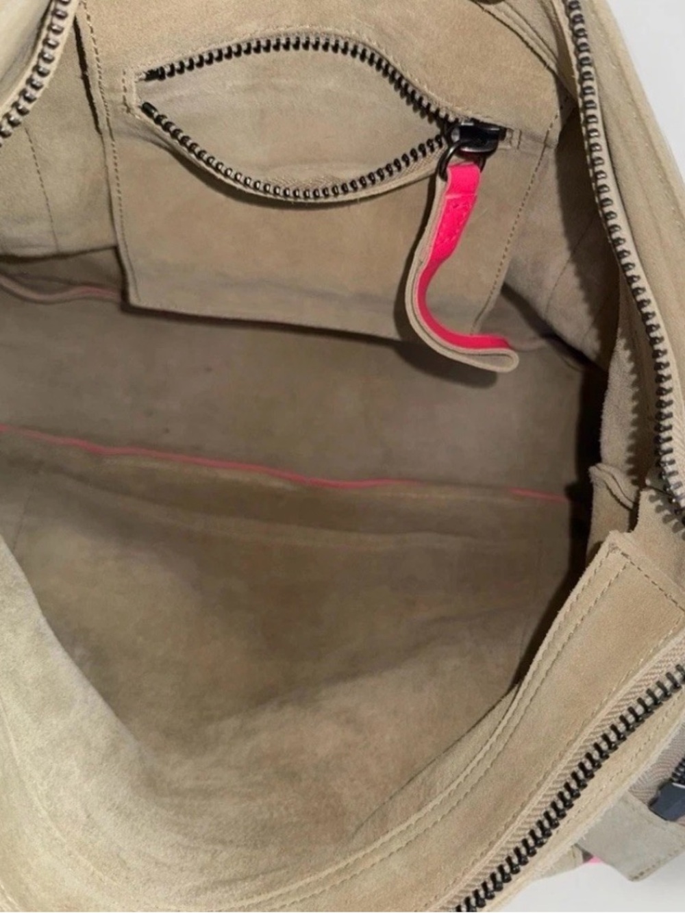Hunter Suede & Leather Tote Bag Tan Pink Neon Trim Shoulder Bag Zip Pocket - Picture 8 of 13